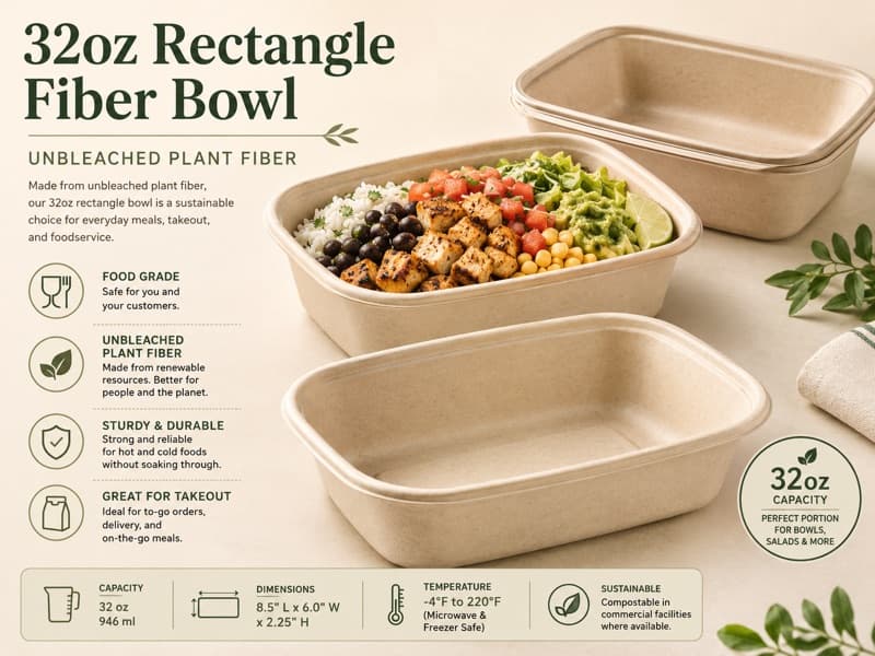 32oz Rectangle Fiber Bowl - Unbleached Plant Fiber