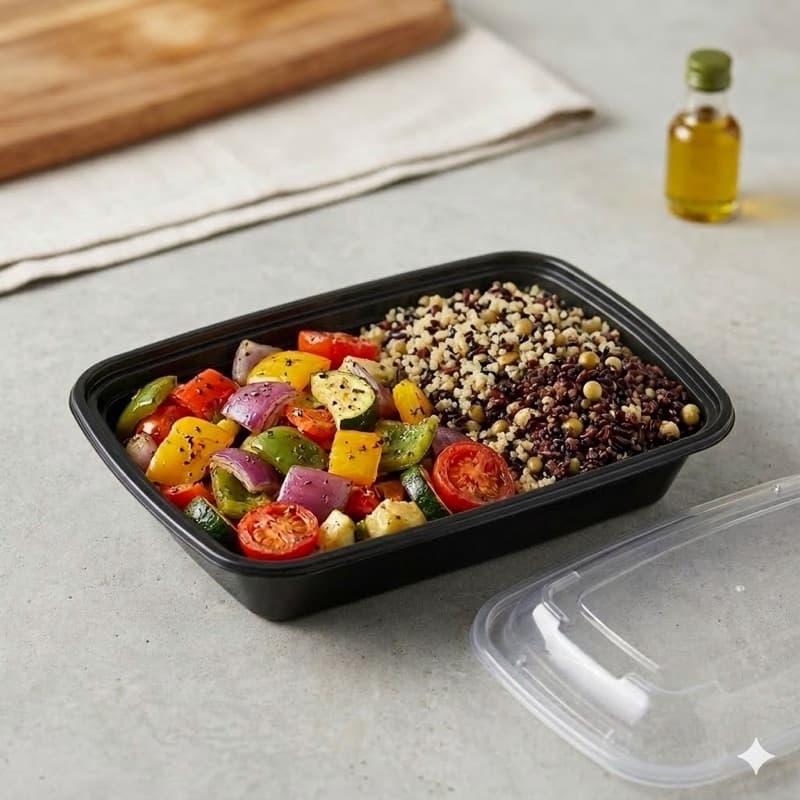 32oz Black Rectangle Containers with Vented Lid