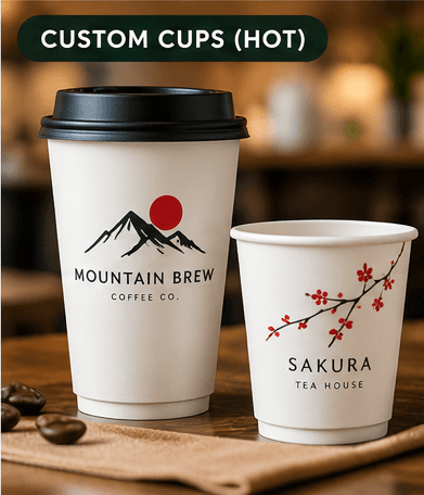 White takeaway coffee and tea cups with Mountain Brew and Sakura branding