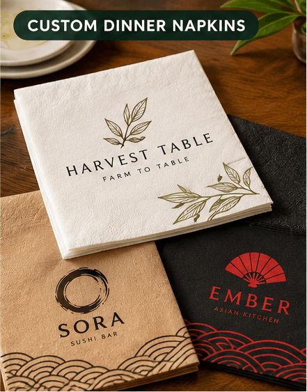 White, kraft and black napkins with botanical and Asian restaurant branding