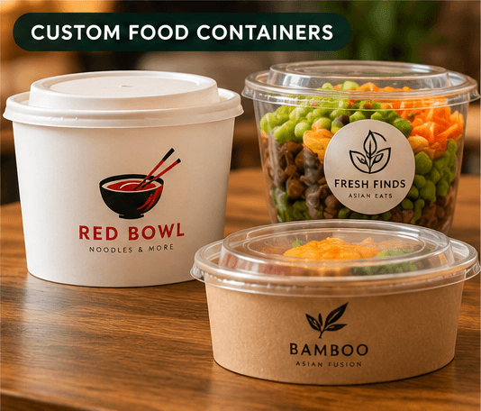 Personalized paper and clear food containers with Red Bowl, Fresh Finds and Bamboo logos