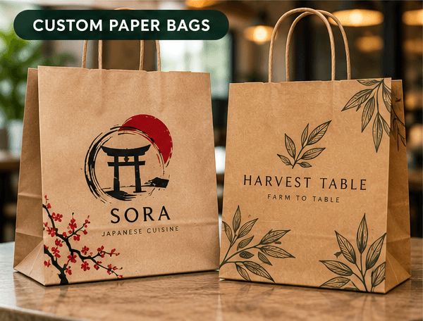 Kraft takeaway bags with Sora and Harvest Table printed designs