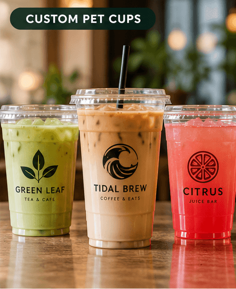 Three clear branded cold cups containing matcha, iced coffee and pink juice