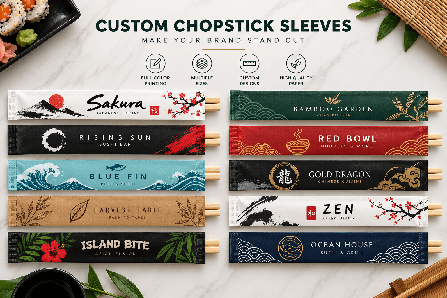 Ten personalized chopstick sleeve designs showing botanical, wave, floral and bold restaurant identities